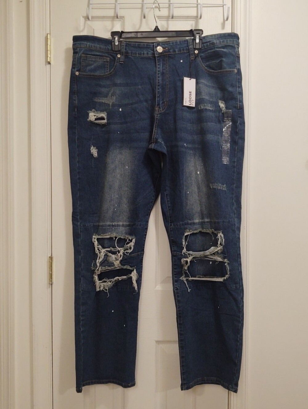 RUE21 Men's Distressed Ripped Denim Supreme Flex Loose Fit Jeans - Dark Blue